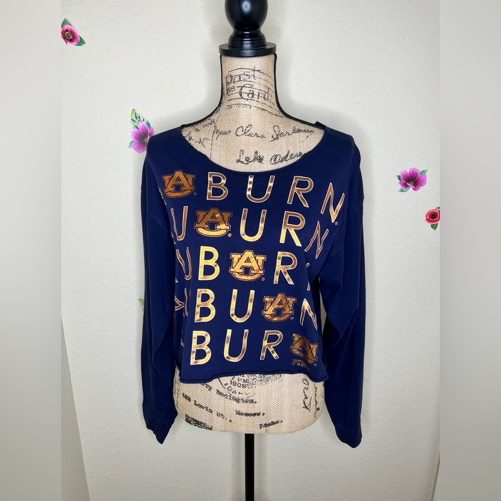 NTM PINK Victorias Secret Navy & Metallic Orange Collegiate Auburn Crop Top Sz M